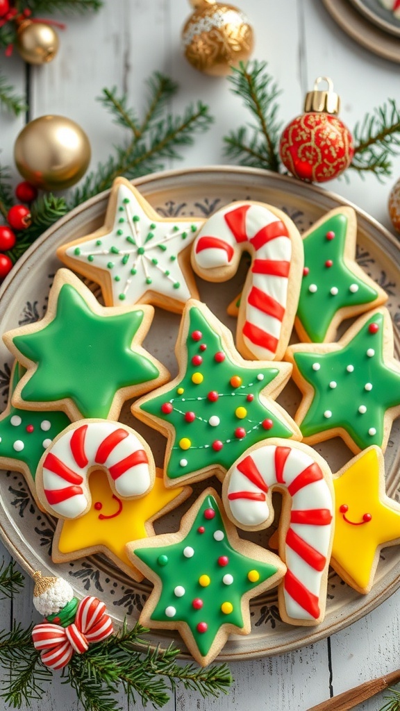 Colorful Christmas cookies shaped like stars and trees, decorated with icing and sprinkles on a festive plate.